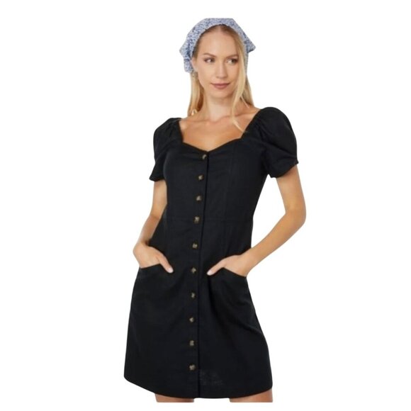 Madewell NWT Linen Cotton Puff Sleeve Mini Dress Black Pockets Size P8 - Picture 1 of 16